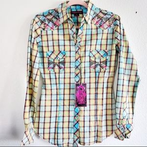 Rock &Roll Cowgirl Plaid Studded Pearl Snap SM